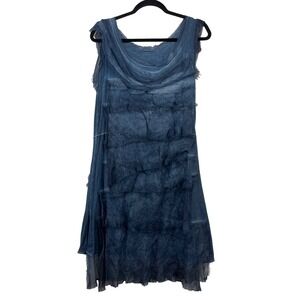 Gigi Moda Size M Blue Silk Tiered Cowl Neck Raw Edge Shift Dress Made in Italy